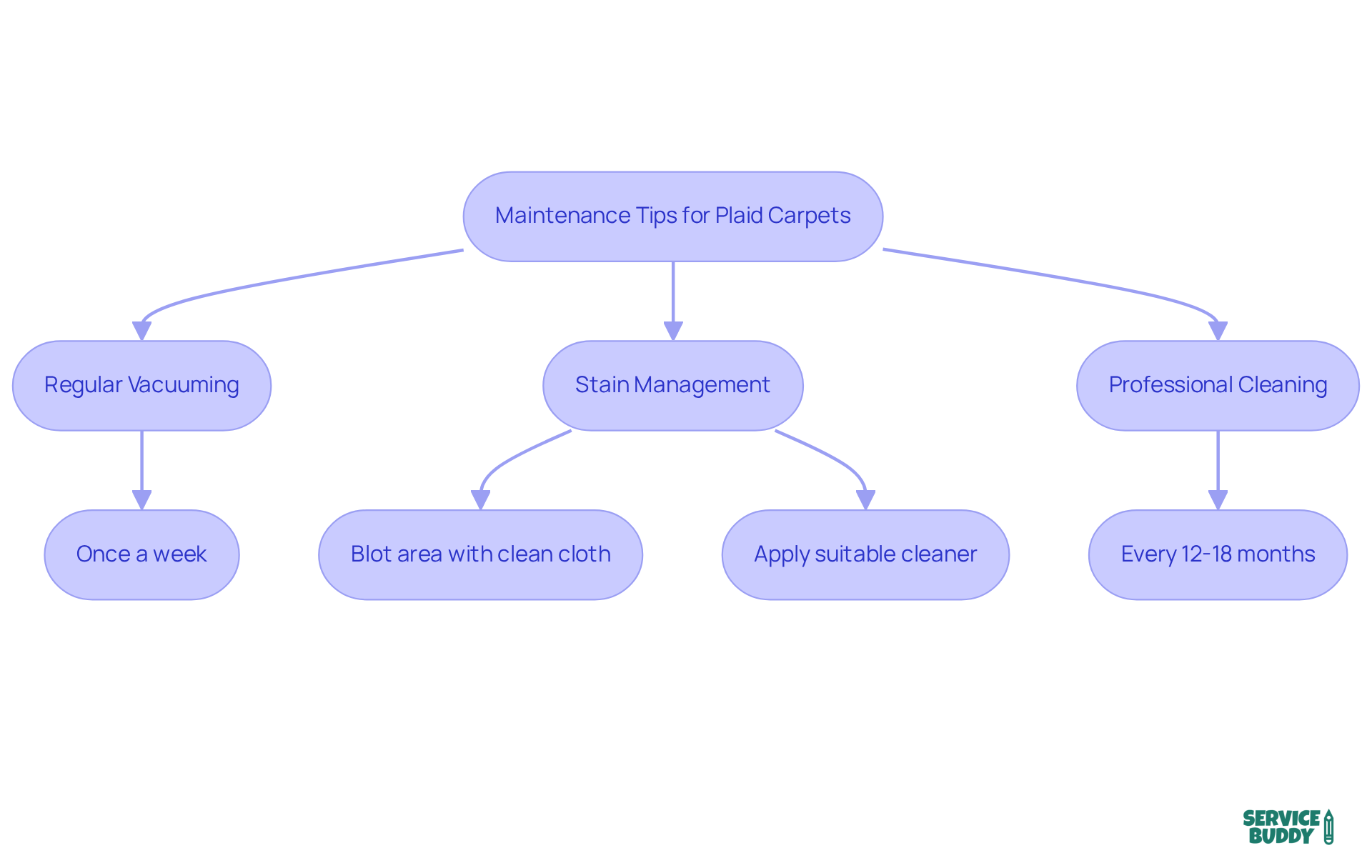 This flowchart outlines how to keep your plaid carpet looking fresh. Follow the arrows to see the steps you need to take for regular care, handling stains, and knowing when to call in the professionals.