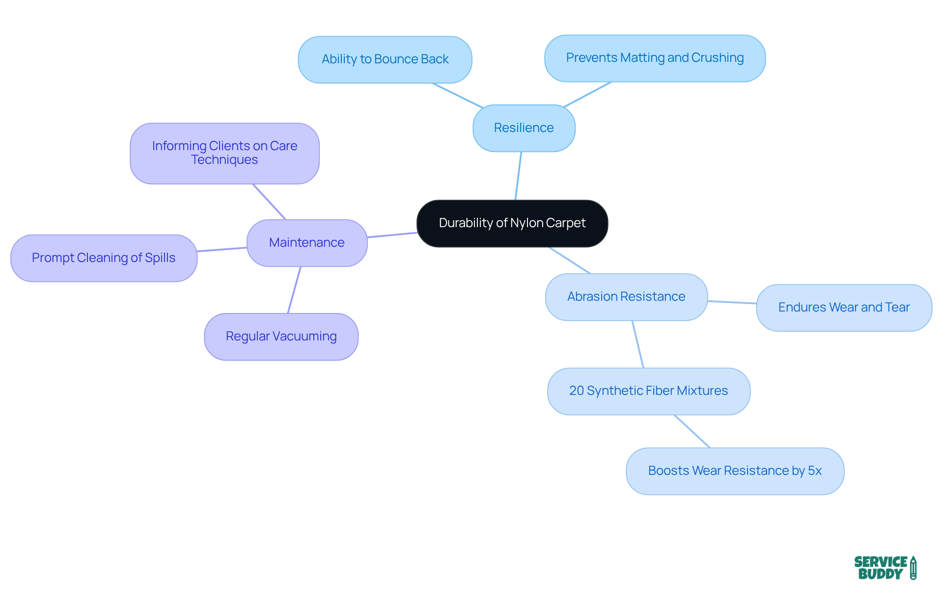 The central node represents the main topic of durability, while the branches represent key characteristics that enhance the lifespan of nylon carpets. Each sub-point provides additional clarity on how these characteristics contribute to overall durability.