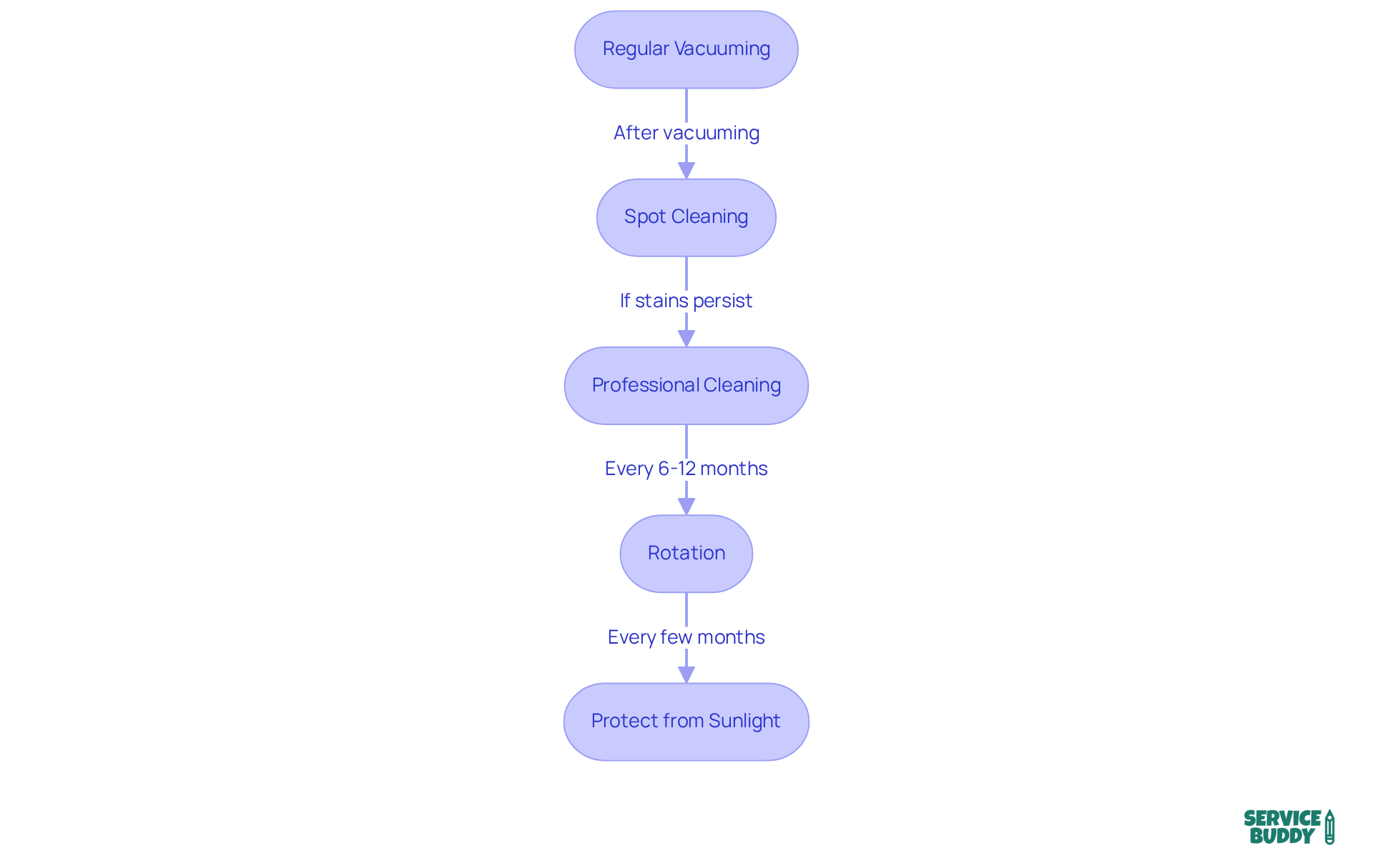 Each box represents a maintenance step that you should follow to keep your carpet in great condition. The arrows guide you through the recommended order of actions.