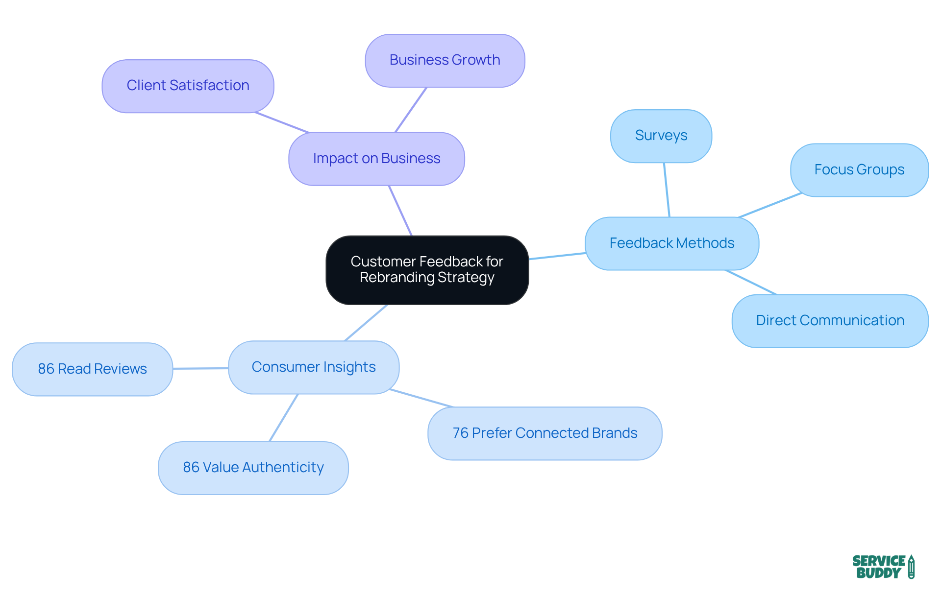 The central node represents the overall theme of customer feedback. Each branch shows different methods of collecting feedback and important consumer insights, illustrating how they contribute to refining the rebranding strategy. The central node represents the overall theme of customer feedback. Each branch shows different methods of collecting feedback and important consumer insights, illustrating how they contribute to refining the rebranding strategy.
