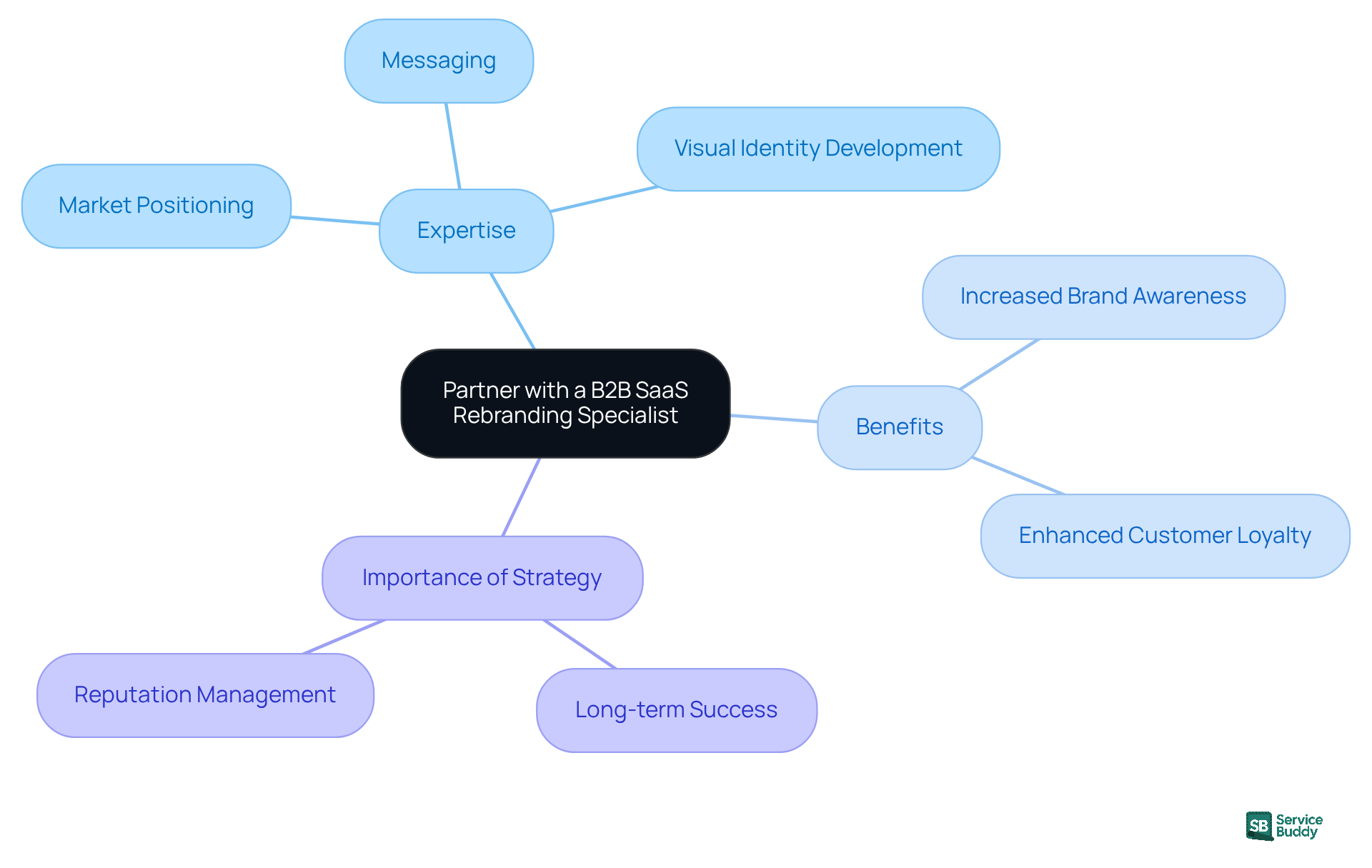 The central node represents the main idea, while the branches show the different areas of expertise and benefits of hiring a branding expert. Each color-coded branch helps you see how these elements connect to the overall theme of effective branding.