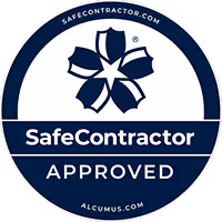 SafeContractor Approved certification seal with a stylized flower logo in a blue circle.