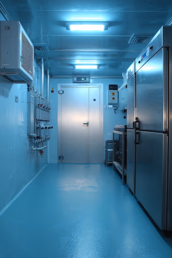 Interior of a clean industrial cold storage room with metal refrigeration units and a closed door at the end.
