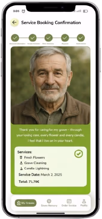 Mobile screen showing service booking confirmation for grave care including fresh flowers, grave cleaning, candle lighting, scheduled for March 2, 2025, with a portrait of an elderly man and a grateful message.