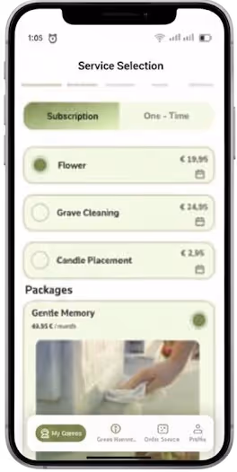 Mobile app screen for service selection showing subscription options for Flower, Grave Cleaning, Candle Placement, and a Gentle Memory package with an image of a hand placing a flower on a grave.