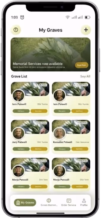 Smartphone screen showing a 'My Graves' app with a list of graves including photos, names, and locations, featuring buttons for deliveries and grave details.
