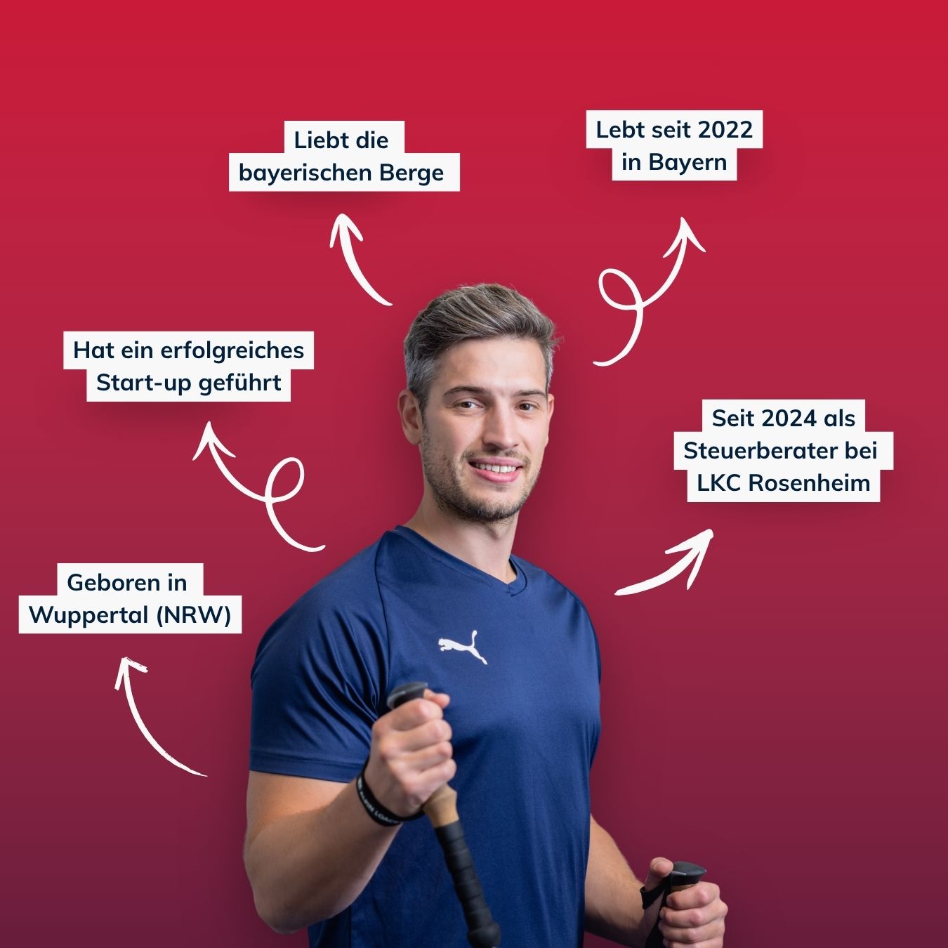 Junger Mann in blauem Puma-T-Shirt mit Nordic-Walking-Stöcken vor rotem Hintergrund, mit Beschreibungen seiner Herkunft, Wohnort und Beruf.