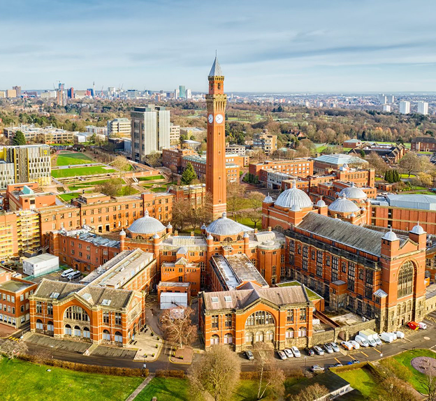 Aerial view of the University of Birmingham campus featuring the clock tower, highlighting university of birmingham support assistance.