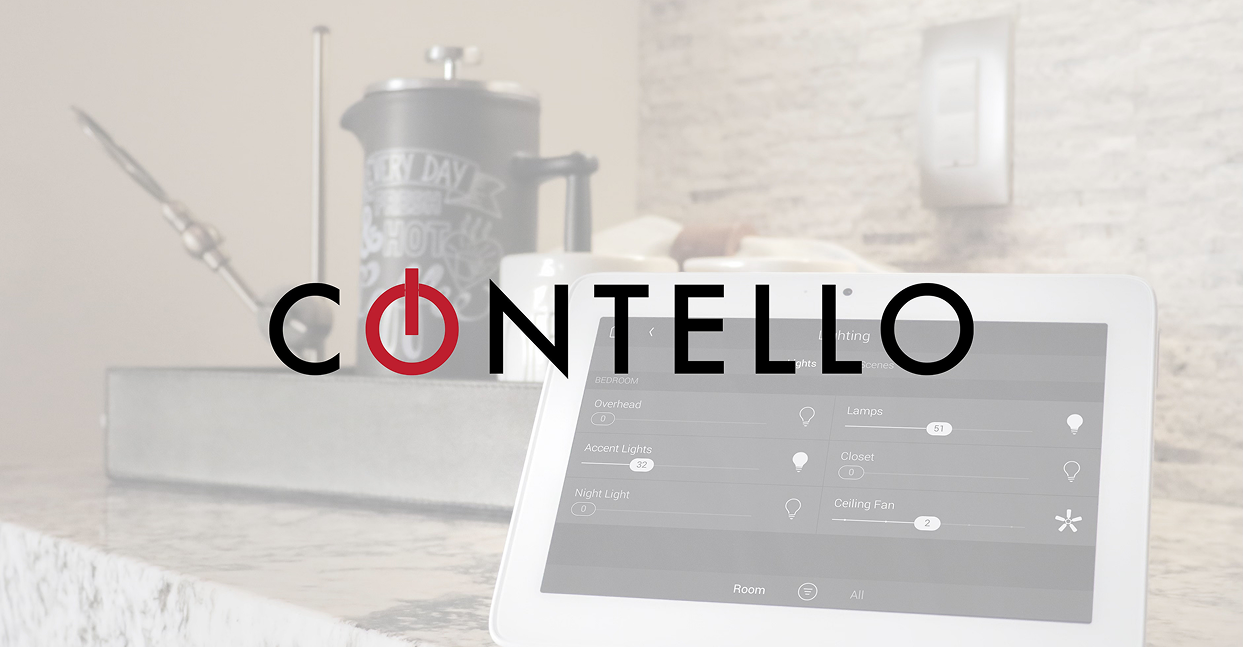 Contello home automation system interface on tablet, showcasing the digital presence designed by 5RV Digital.