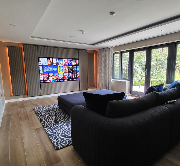 Contemporary living room with digital presence integration and smart home technology, branded by 5RV Digital for Contello.
