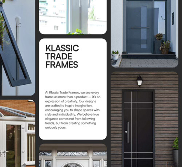 A product page displaying various door styles, colours, and materials, promoted through 5rv Digital, a marketing agency for manufacturers.