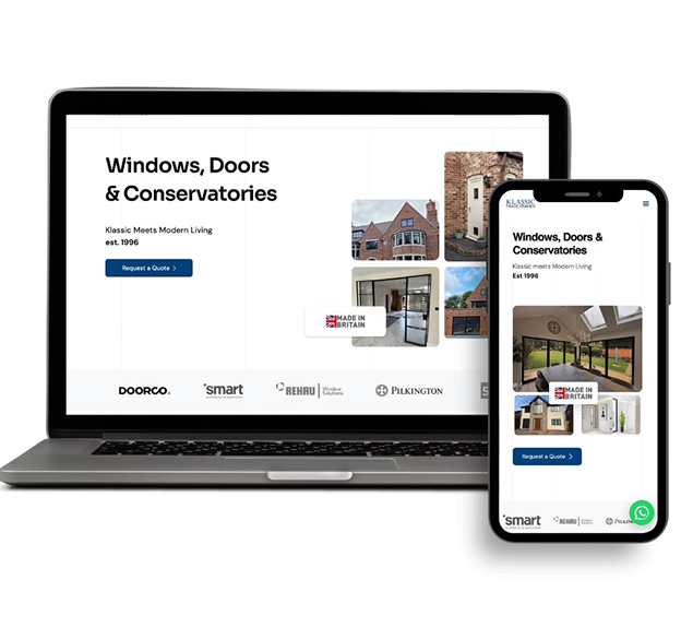 A website homepage for a window and door company showcasing products and services, enhanced by marketing for manufacturers.