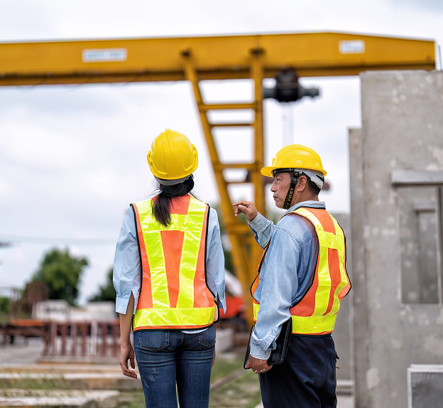 Construction workers standing before a crane on site, backed by 5rv Digital’s digital marketing for architecture firms.