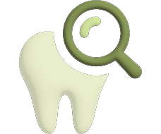 A tooth icon with a magnifying glass examining it.