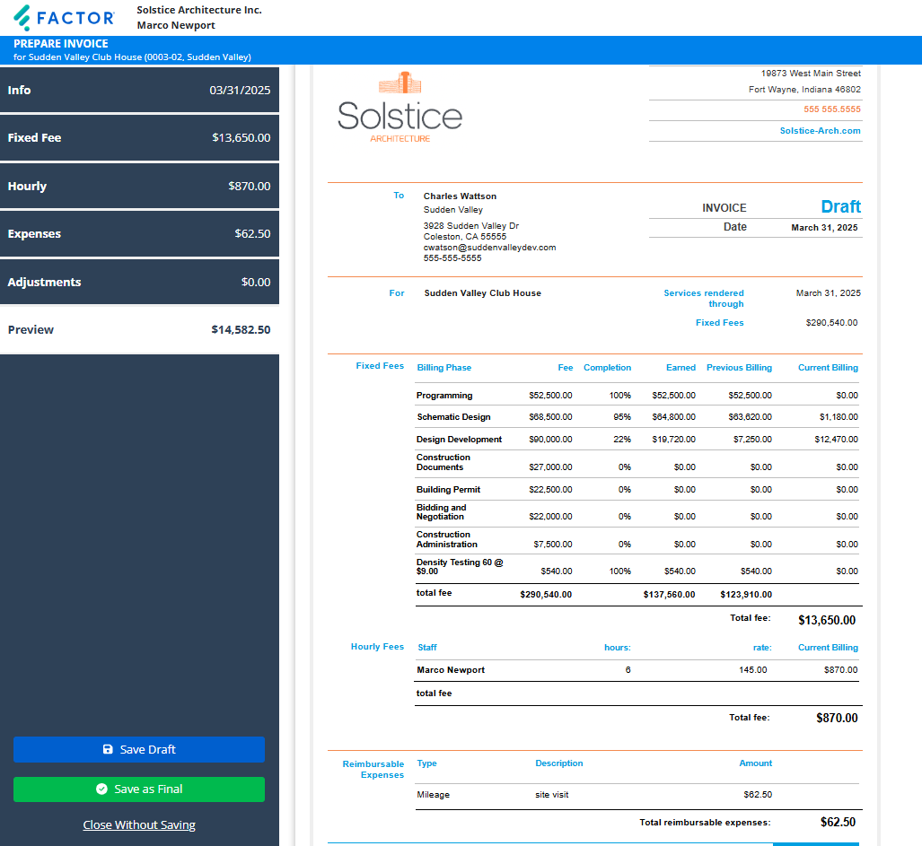 A screenshot showing the invoice preview in Factor AE with expenses and adjustments