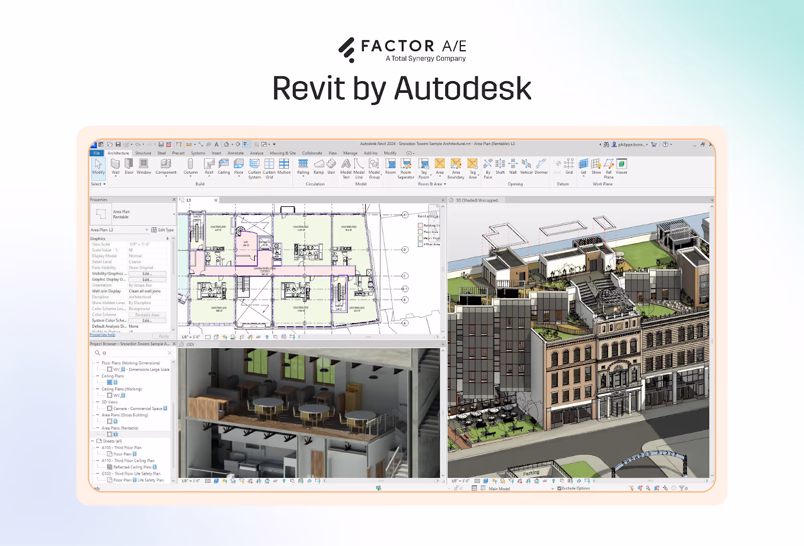 Revit interface showing a coordinated 3D BIM model with architectural, structural, and MEP elements