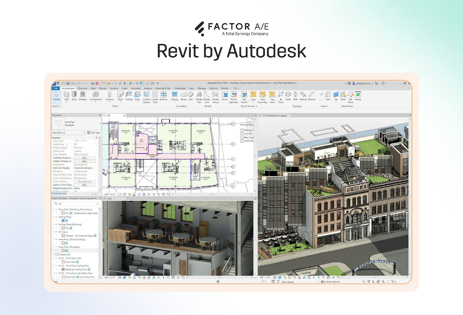 Revit interface showing a coordinated 3D BIM model with architectural, structural, and MEP elements