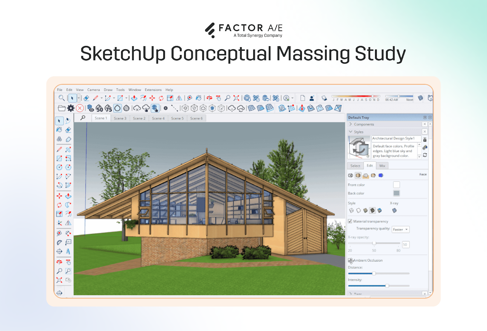 SketchUp window showing conceptual 3D massing for architectural design