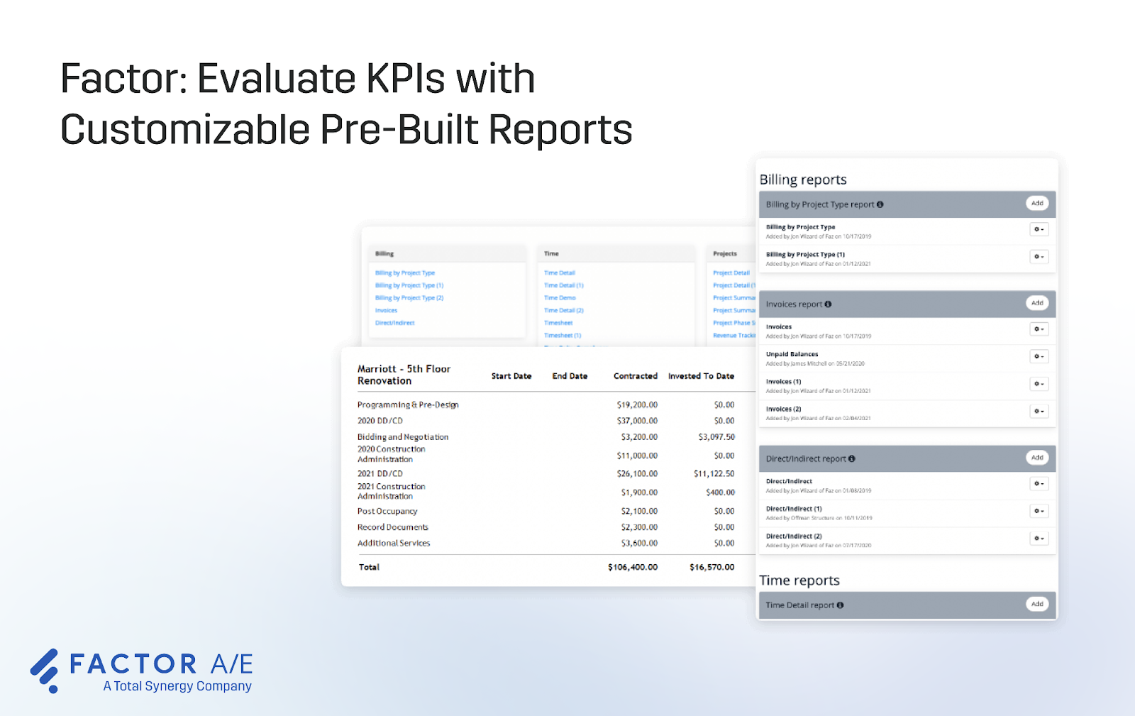 Graphic showing the pre-built reports within Factor