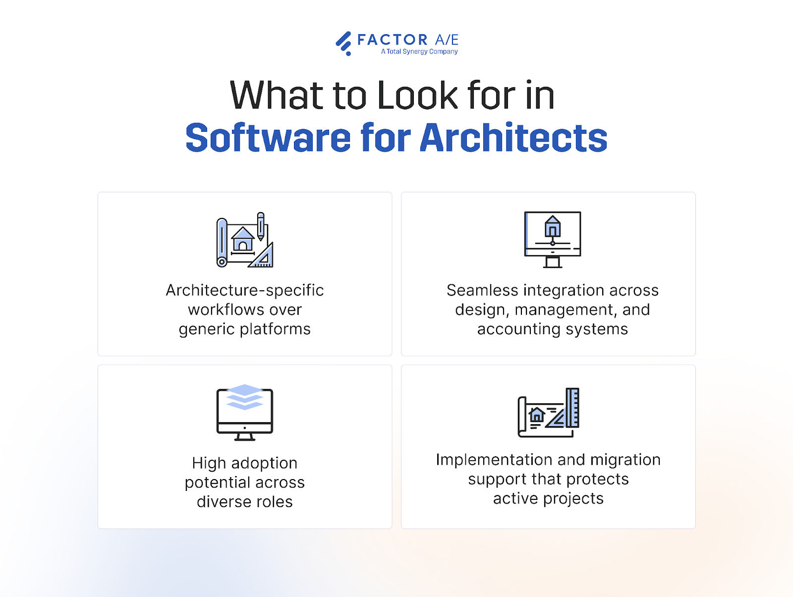 Infographic showing four key factors to look out for when choosing software for an architecture firm