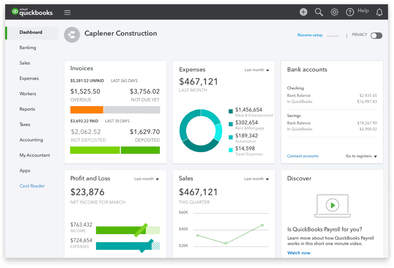 Screenshot of a reporting dashboard in QuickBooks