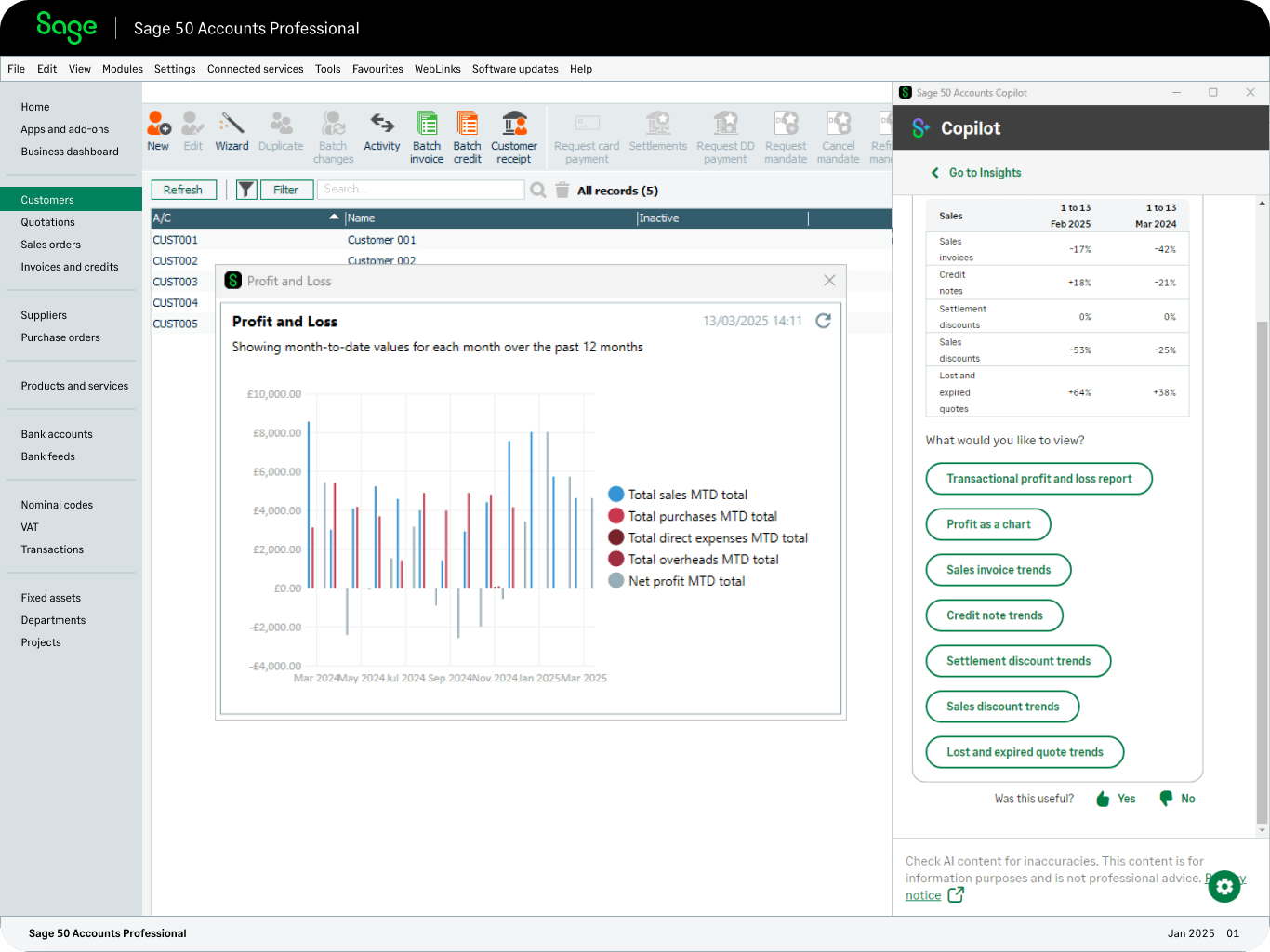 Screenshot of a P&L report in Sage