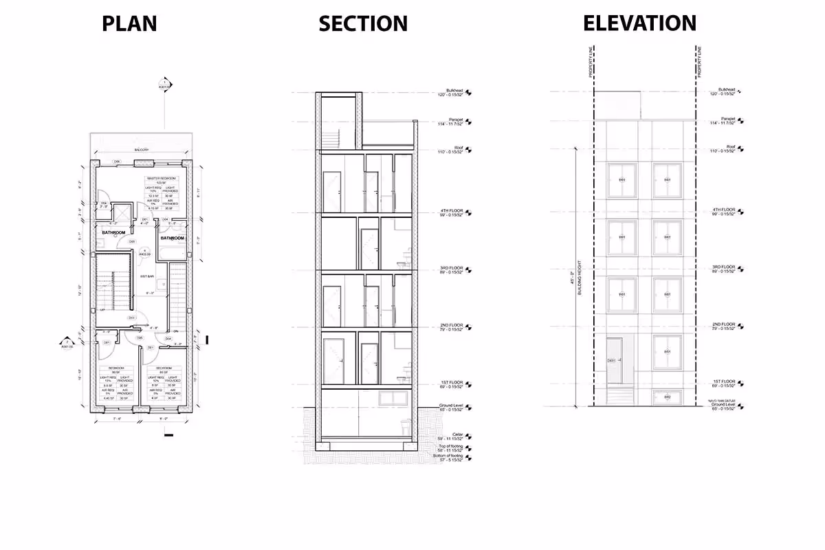 An image showing three design development drawings, plan, section, and elevation.