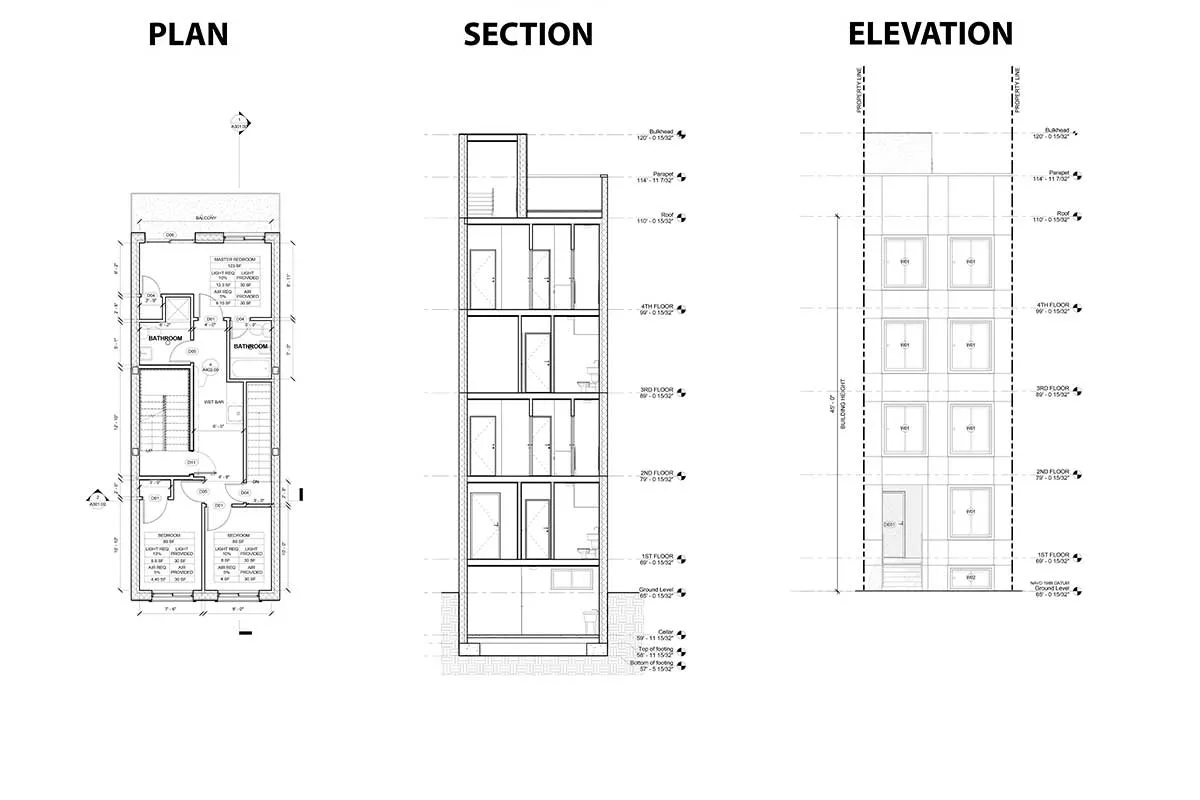 An image showing three design development drawings, plan, section, and elevation.