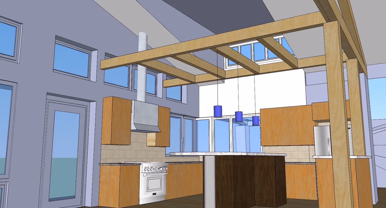 An image showing a rendered 3D model of a kitchen.