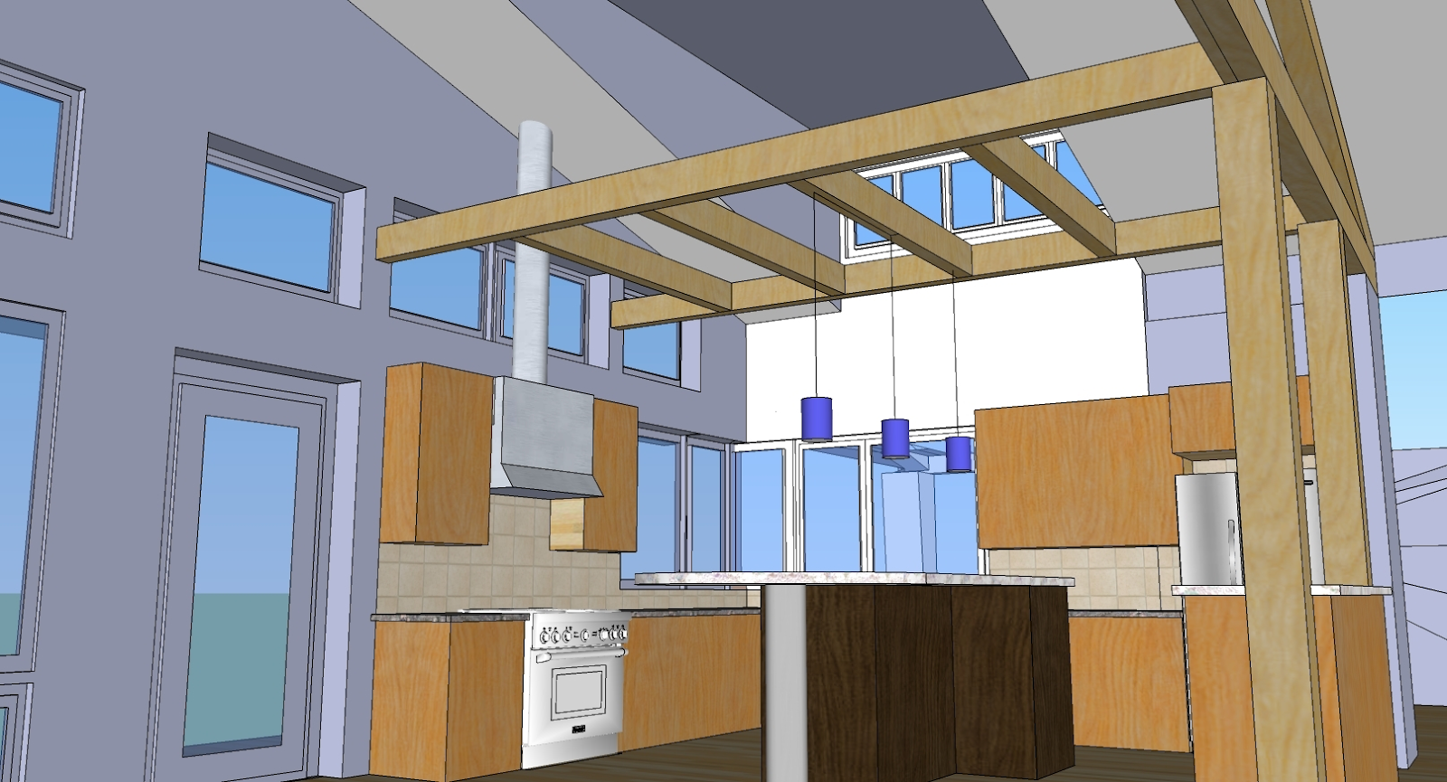 An image showing a rendered 3D model of a kitchen.