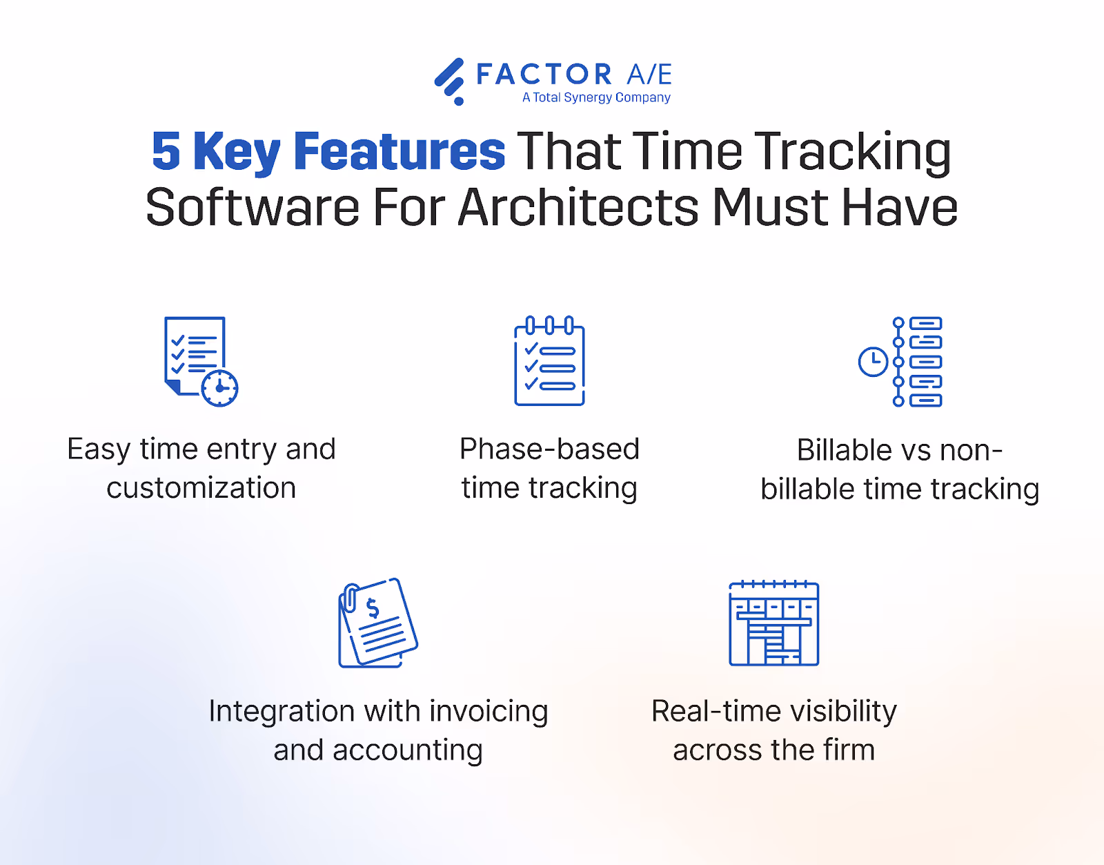 5 key features to look for in time tracking software for architects and A&E firms.