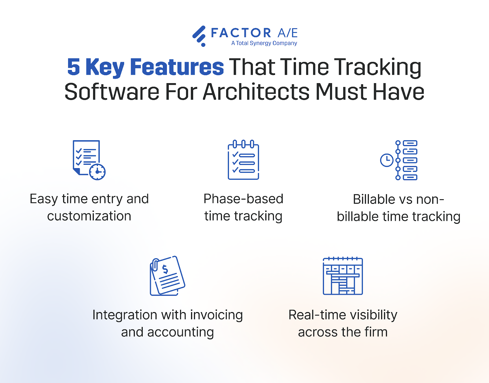5 key features to look for in time tracking software for architects and A&E firms.