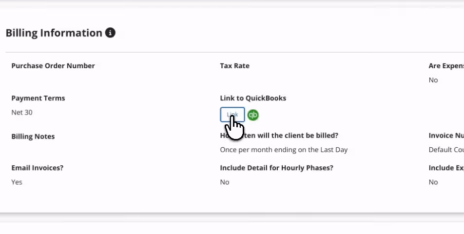 Factor AE billing information screen with a "Link to QuickBooks" button highlighted, showing project billing settings including payment terms, tax rate, and invoice frequency options.
