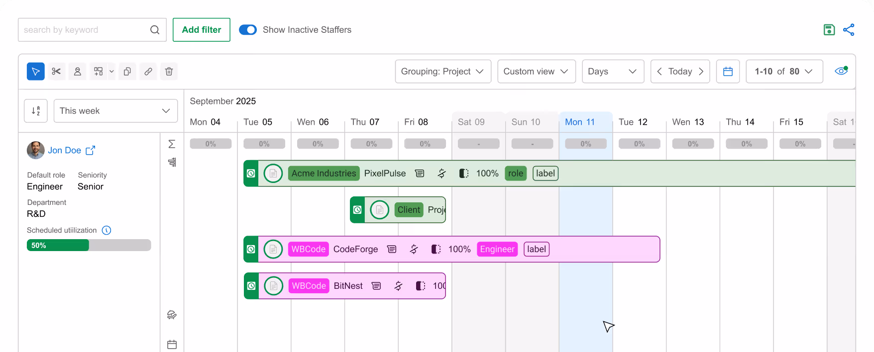 BigTime resource scheduling screen displaying a senior engineer's weekly project assignments grouped by project, with scheduled utilization and allocation percentages across multiple clients.