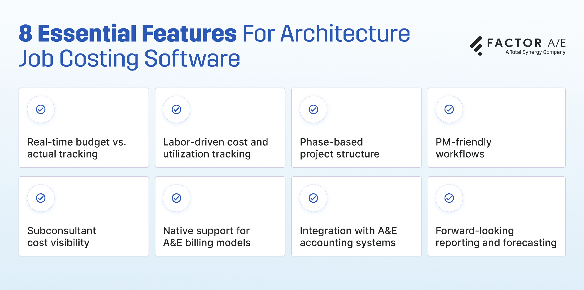A list of 8 key features that job costing software for architects must have, including A&E-specific cost tracking, easy PM access to financials, and native support for A&E billing models.
