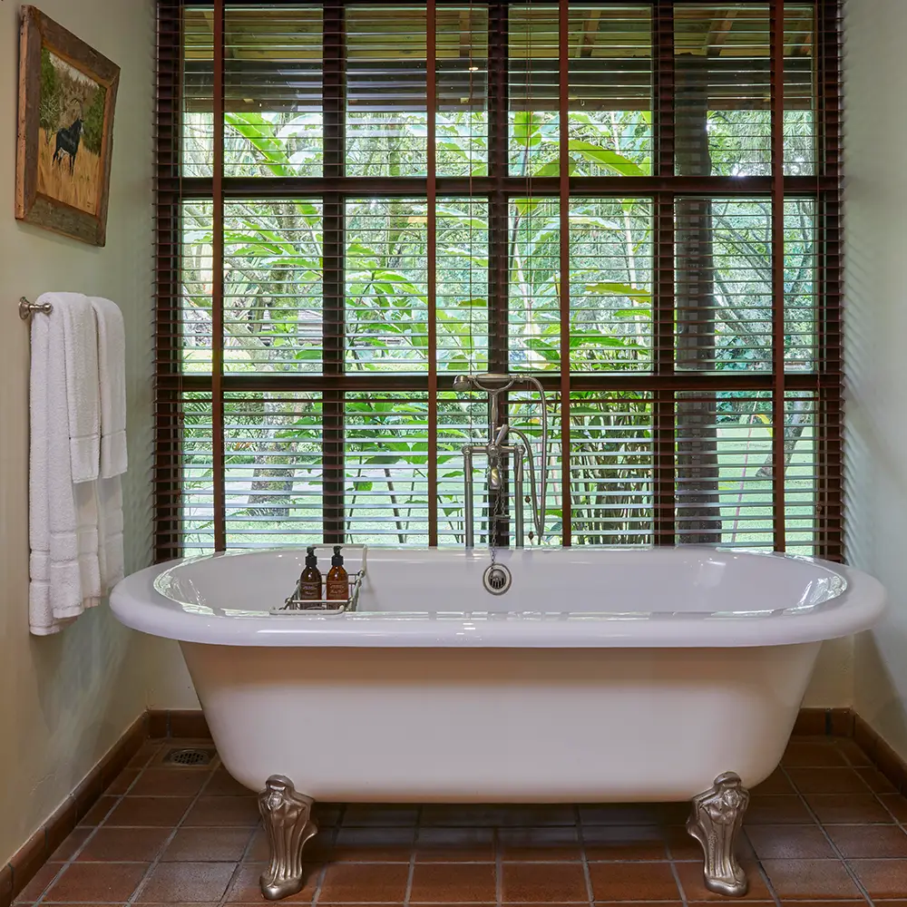 White clawfoot bathtub with silver fixtures in front of large window with wooden blinds and green outdoor garden view.