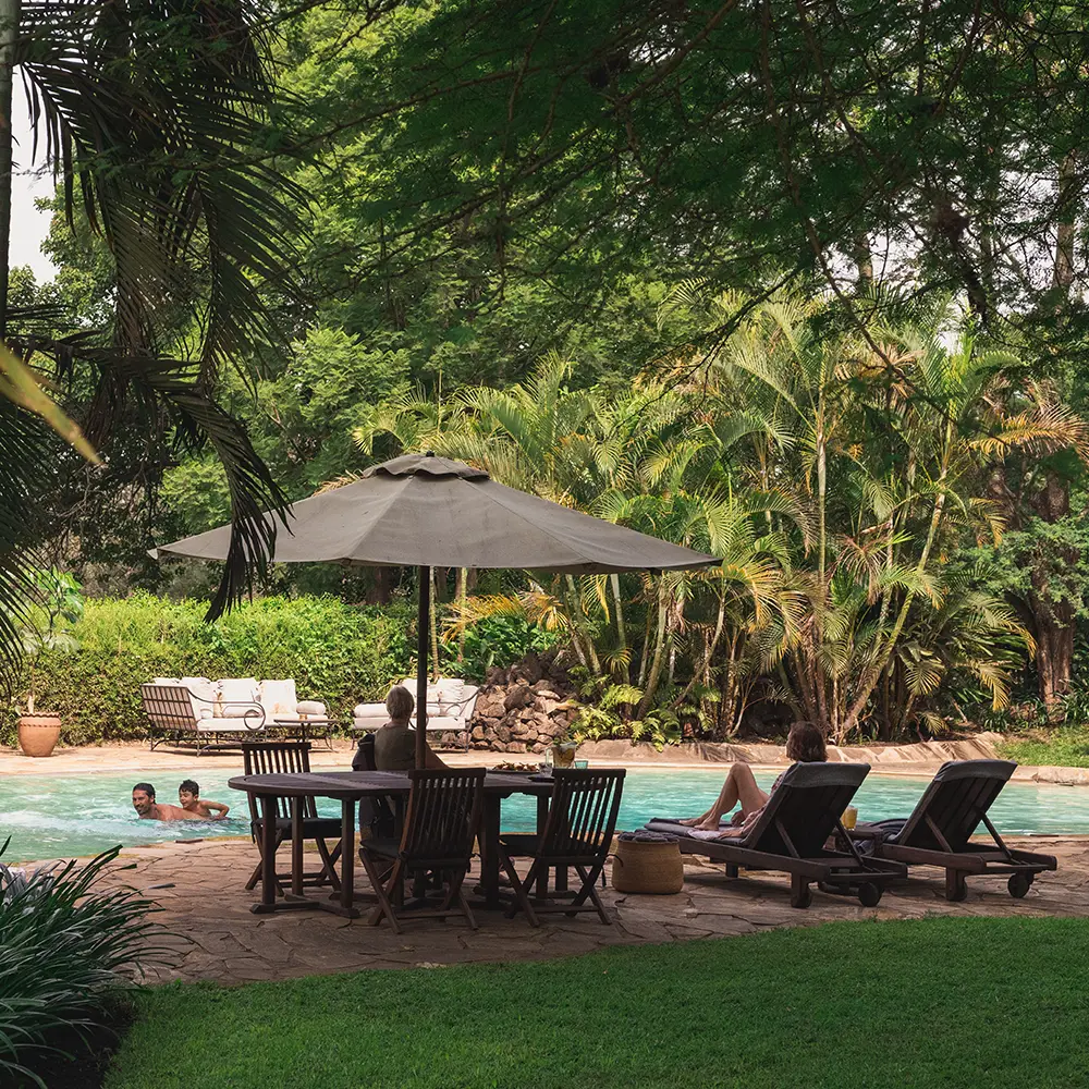 People relaxing by a pool surrounded by lush green trees and plants, with some sitting under a large umbrella and others swimming.