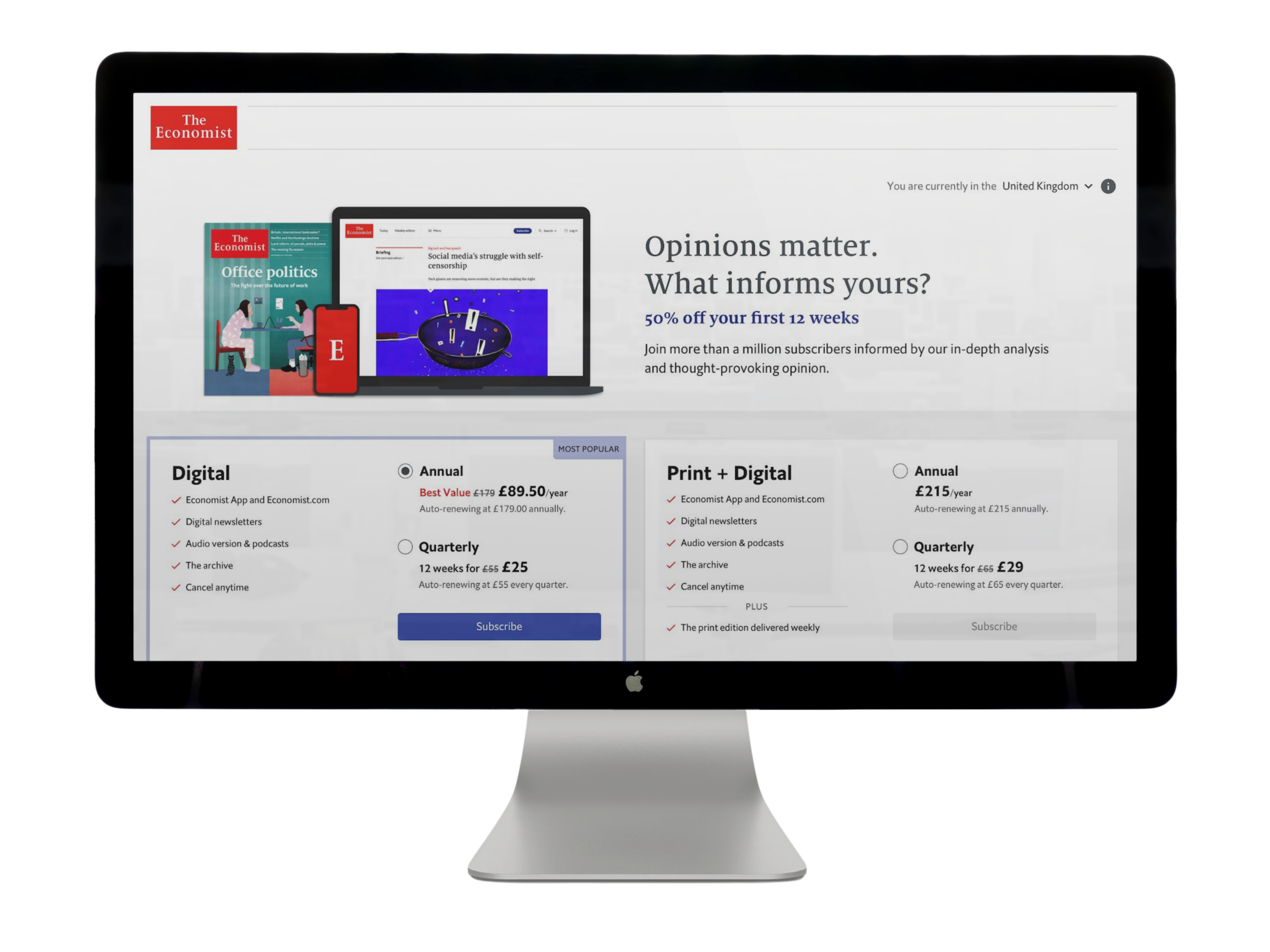 Subscription options for The Economist showing Digital and Print + Digital plans with pricing and features, including a 50% discount offer for the first 12 weeks.