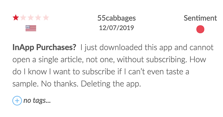 User 55cabbages from the US gives a one-star review dated 12/07/2019, complaining about mandatory subscription for articles in an app.