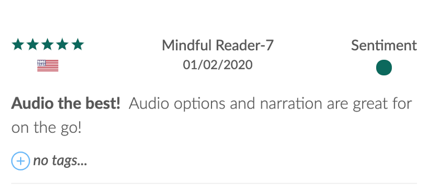 Five-star rating with US flag, review titled 'Audio the best!' praising audio options and narration, dated 01/02/2020, under Mindful Reader-7 with positive sentiment indicator.