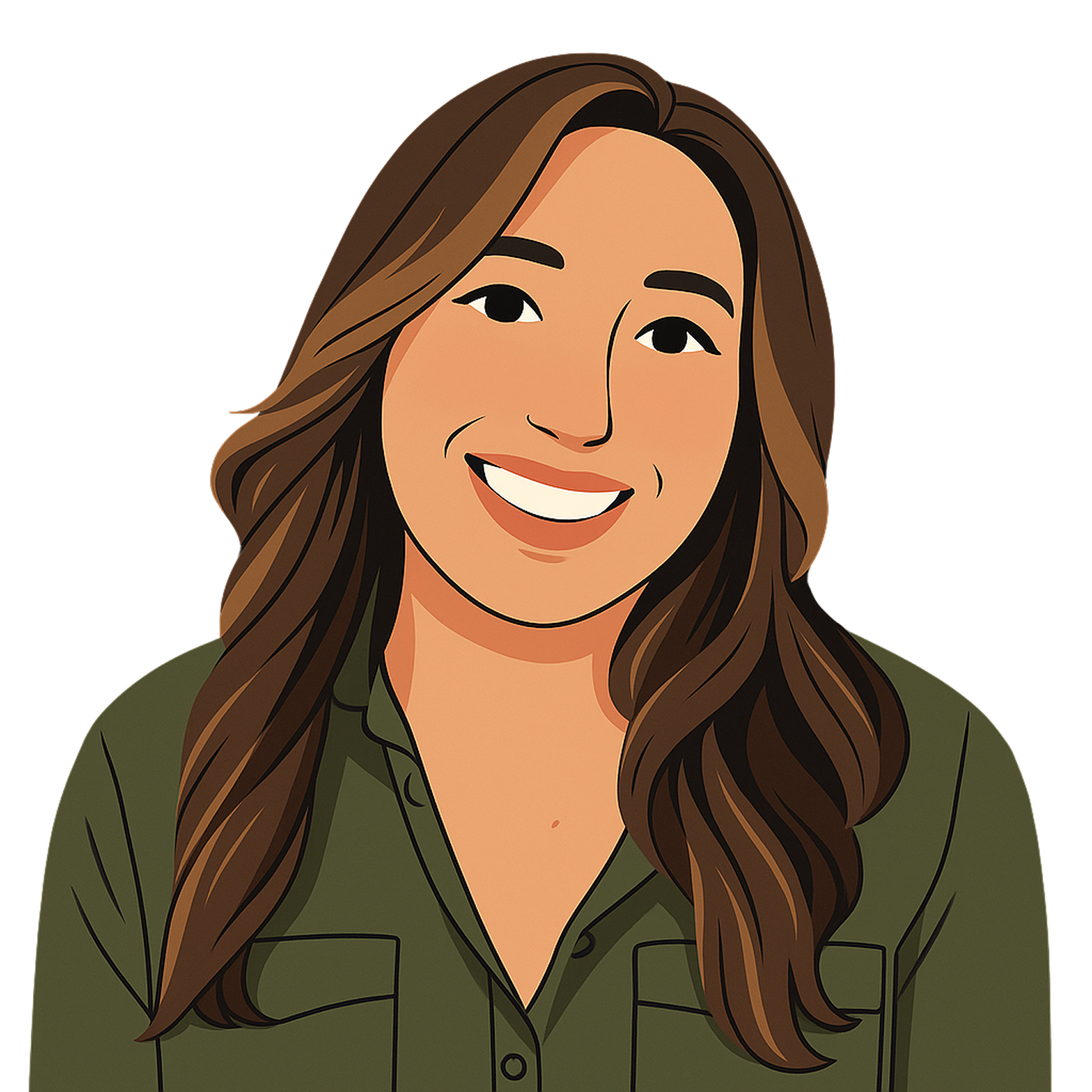Illustration of a smiling woman with long brown hair wearing a green button-up shirt.