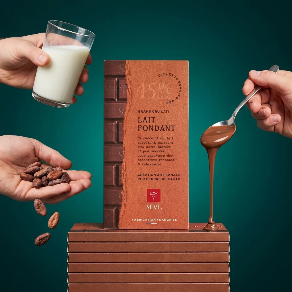 Barre de chocolat au lait fondant 45% cacao avec main tenant un verre de lait et des fèves de cacao.