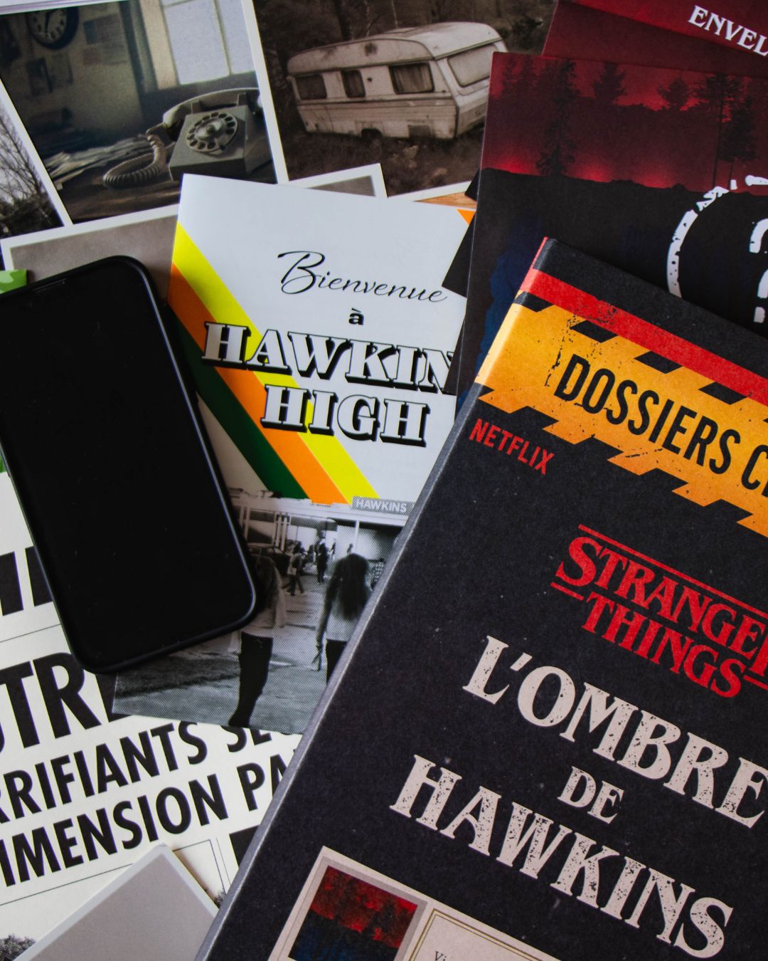 Collage d'images et documents liés à Stranger Things, dont un livre Netflix French et flyer Hawkins High.