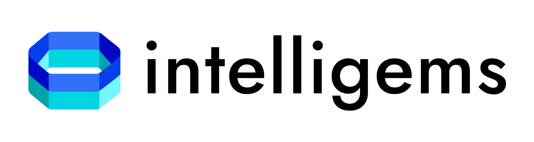 Logo de Intelligems avec un hexagone bleu formé par deux bandes entrelacées.