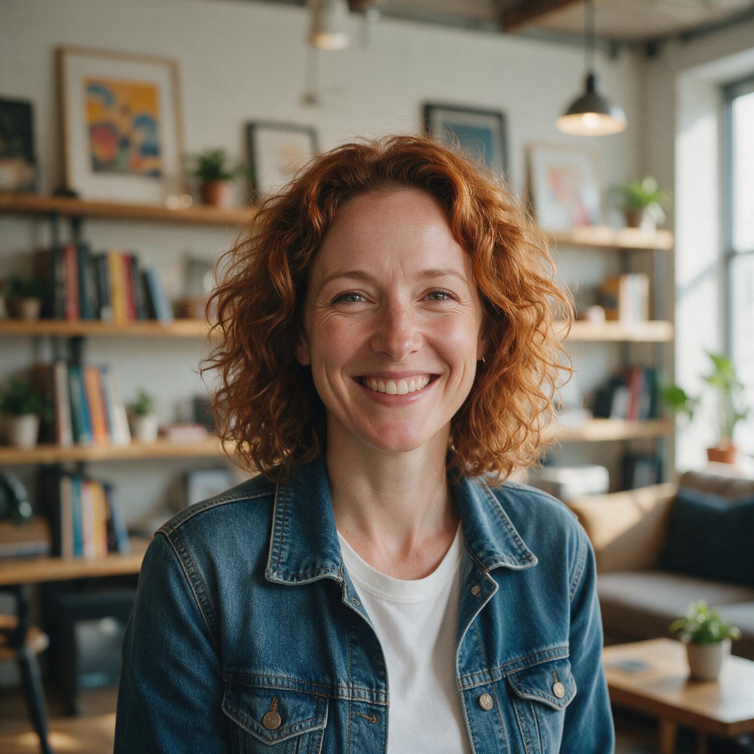 Femme souriante aux cheveux roux bouclés portant une veste en jean, assise dans un salon lumineux.