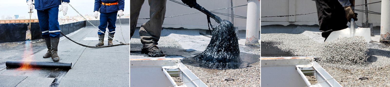 Three images showing torch-on, flat roofing being applied