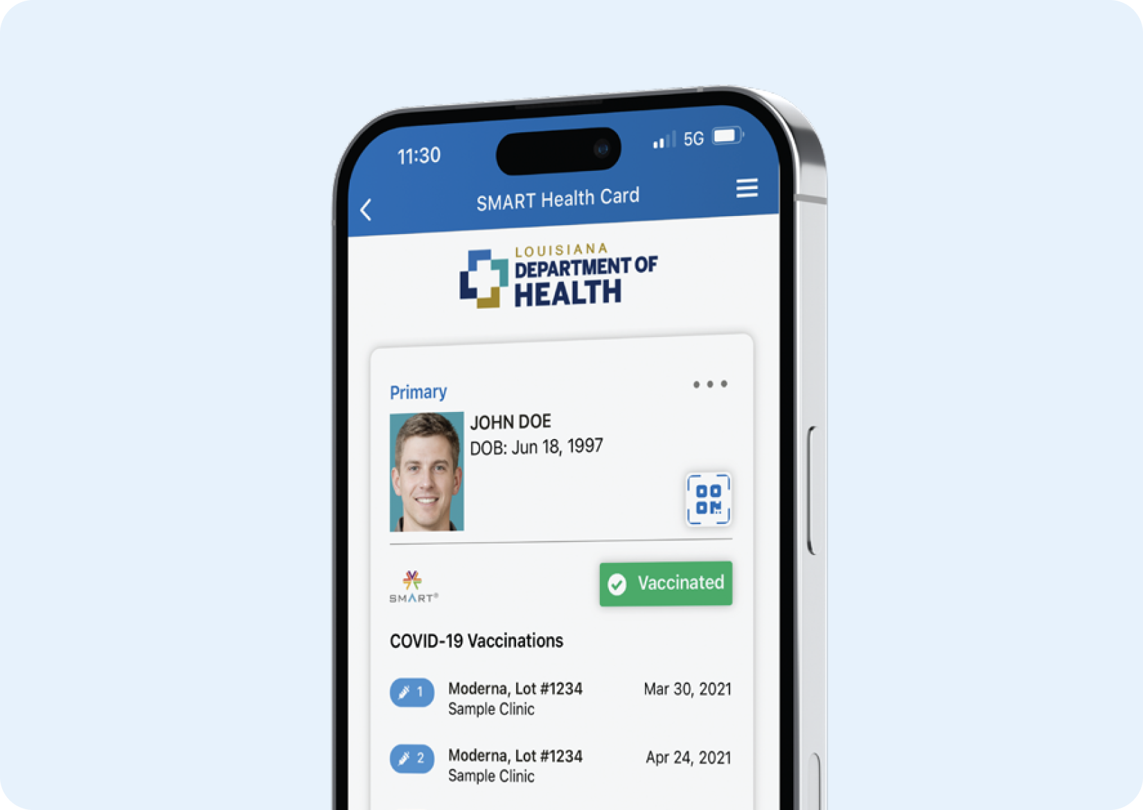 An iPhone displaying the smart health card from the department of health
