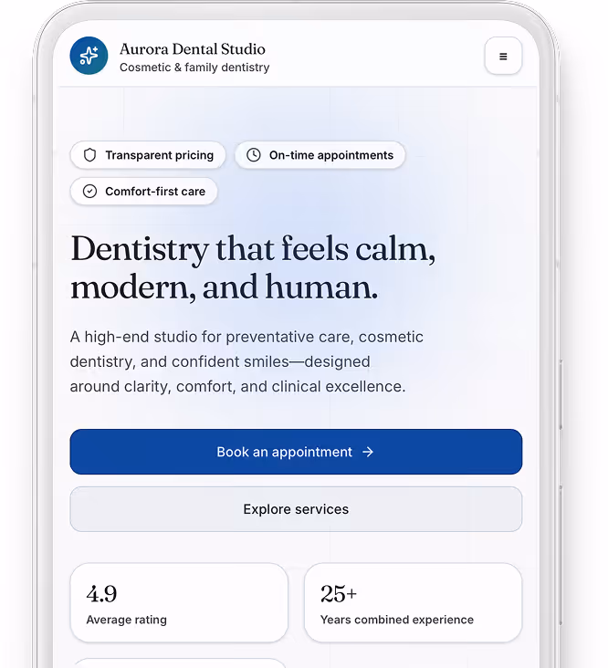 A mobile phone showing a dental website.