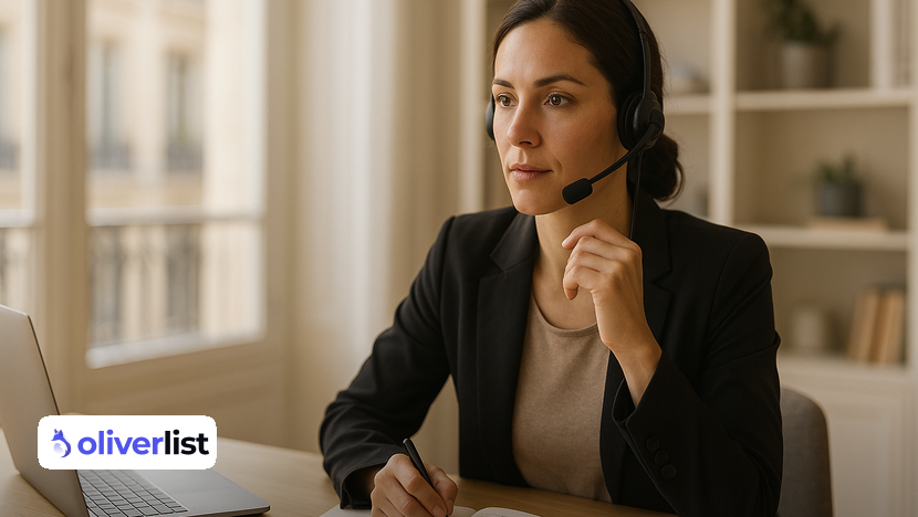 Commerciale avec un casque au téléphone traitant les objections en prospection téléphonique à son bureau