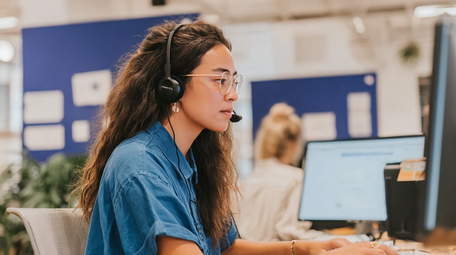 Sales rep wearing a headset making cold calls in front of her computer screen